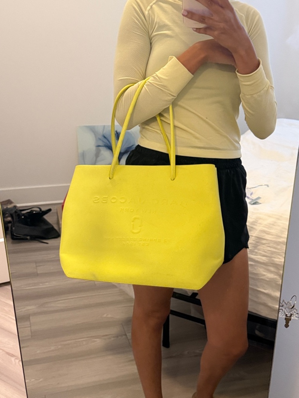 Marc Jacobs Neon Yellow Embossed Logo Tote with FREE matching Quay sunglasses